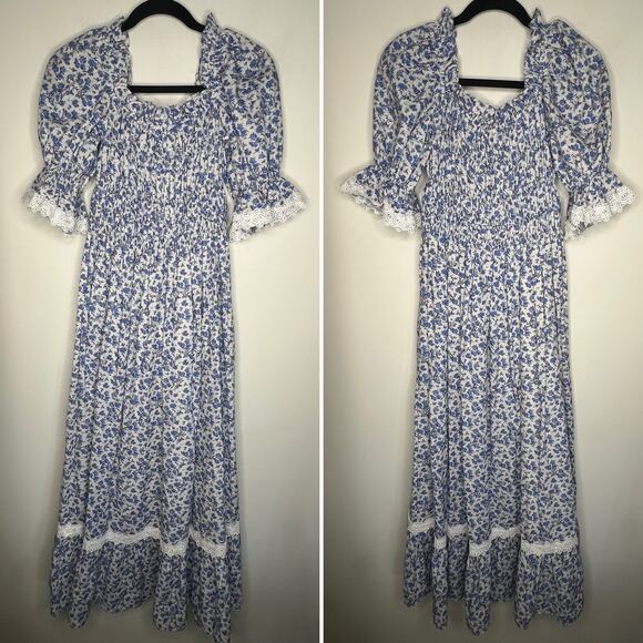 Lug Von Siga Blue Floral Smocked Elisa Maxi Dress Size 38/6 - Picture 3 of 10